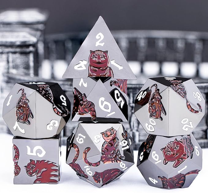 Metal DND Cat Dice 7PCS Polyhedral RPG Dice Set with Gift Case for Dungeons Dragons Role Playing Game, D and D Dice D6 D8 D10 D12 D20 D% (Red Black)