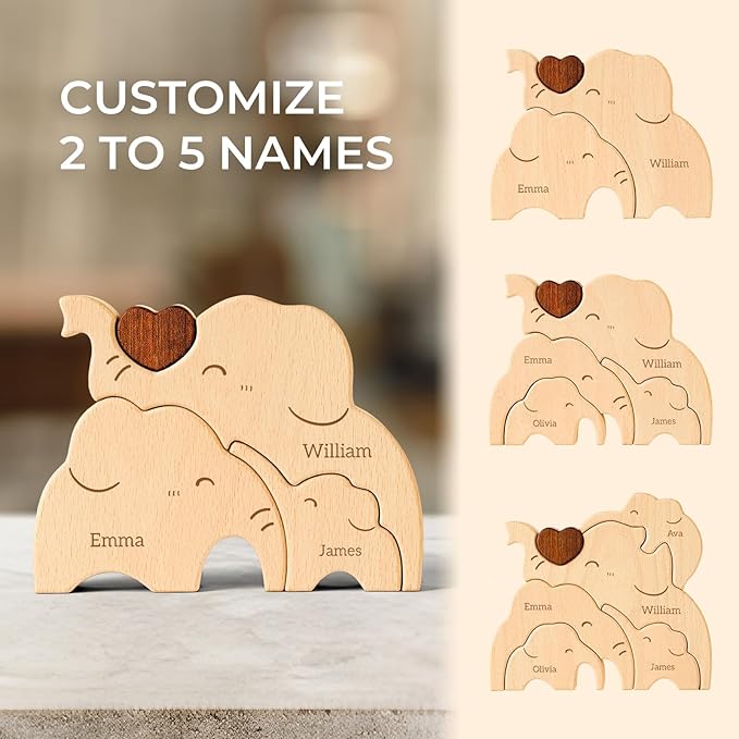 Wooden Elephant Family Puzzle, Personalized Puzzles with 2–5 Names, Father's Day Mother‘s Day Personalized Gifts for Mom Dad Kids Teen Boys Girls Grandma, Toddler Men Birthday
