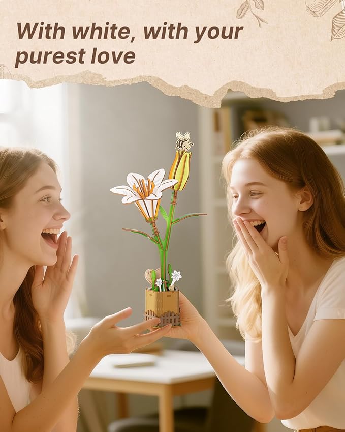 KAAYEE Wooden 3D Flower Puzzles for Adults-WhiteLily, Wooden Flowers Model Kit Set DIY Crafts to Build, Mother's Day/Botanical Collection/Ideal Creative Gift Ideas/Housewarming
