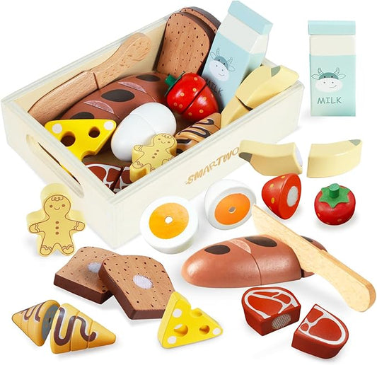 Wooden Bakery Toy Food Breakfast Set for Kids,Pretend Play Food Kitchen Accessories with Crates,Fake PlaySets Montessori Toys,Toddlers Cutting Food Gift for Boys and Girls Ages 3+