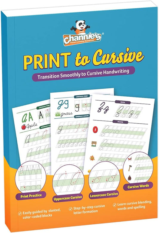 Channie's Print and Cursive Handwriting Workbook, Step-By-Step Uppercase & Lowercase Cursive Tracing Practice for Kids All Ages, Color-Coded, Easy to Follow Worksheets