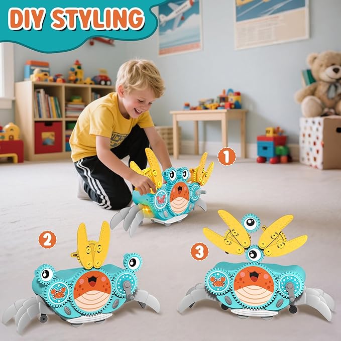 Alritz STEM Gears Toys for Kids，Building Blocks Gear Crab, Learning Educational Toy, Electric & Manual Dual Mode Playset Gift for Boys & Girls Age 3+ Birthdays, Halloween
