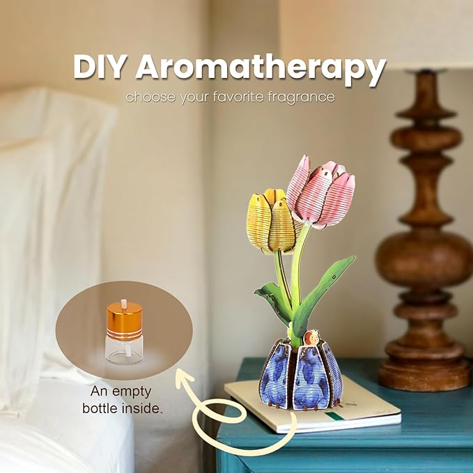 Jege 3D Flowers Wooden Puzzles for Adults,DIY Wooden 2 Flowers per Kit Building Set for Home Decor, Creative Craft Gift Toys Kits with 2 Perfume Bottles and Diffuser Sticks (Rose + Tulip)