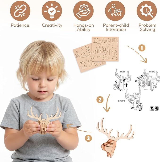 3D Wooden Puzzles for Kids, 8 Pcs Animal Assembly Model Wood Arts and Craft Puzzles Set, No-Glue DIY Delicate Pendant STEM Toys for Boys Girls Ages 6+, Educational Birthday Gift, Party Favors