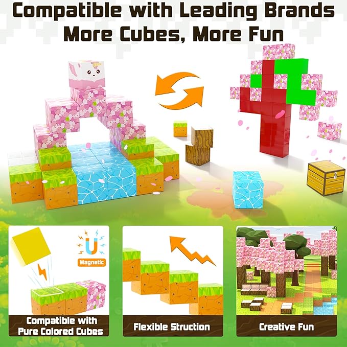 Magnetic Blocks - Build Mine Magnet World Cherry Blossom Set, Magnetic Tiles Building STEM Toys for Boys & Girl Kids Toddler Toys for 3+ Years Old