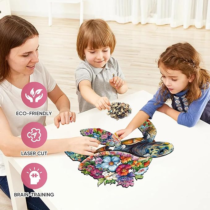 Wooden Puzzles for Adults, Flower Sea Turtle Wooden Jigsaw Puzzles 500 Pieces 16.4 * 16.5in, Unique Animal Shaped Wooden Puzzles for Adults and Kids, Family Game