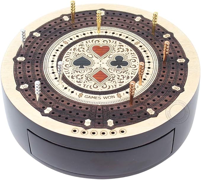 House of Cribbage - Round Shape 3 Track Non-Continuous Cribbage Board - Push Drawer Storage for Pegs and 1 Deck of Cards with Score Marking Fields for Won Games (Maple Wood/Rosewood)