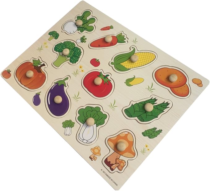 Home Learning Preschool Early Educational Development Colorful Fruit and Vegetables Wooden Peg Puzzle Jigsaw Bundle Shape Toys and Games for Age 3-7 Years Old Child Children Boys Girls