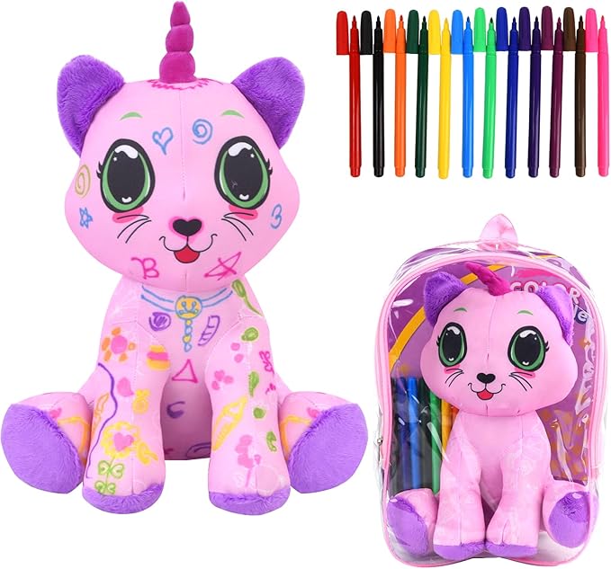 Coloring Plush Toy with 12 Washable Markers for Little Girls Doodle Dolls Arts and Crafts Soft DIY Washable Doodle Stuffed Animal Toy for Kids Ages 4-6 Birthday (Pink Cat)