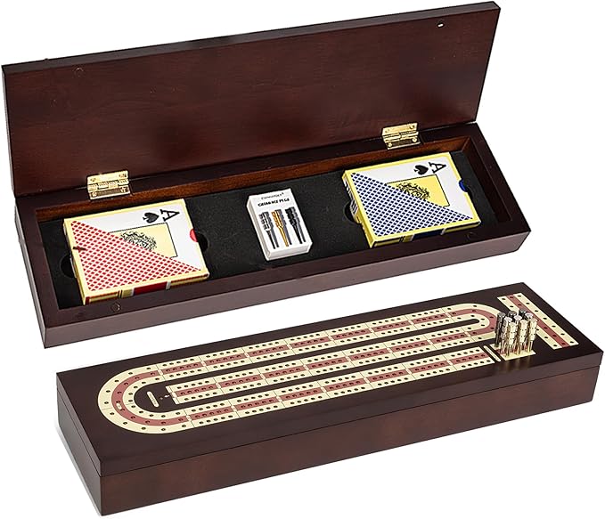 Cribbage Board Game Set, Premium Wooden Board with Magnetic Lock and Metal Pegs, 2 Playing Cards, and Large Storage - Travel-Friendly Continuous 3 Track Board