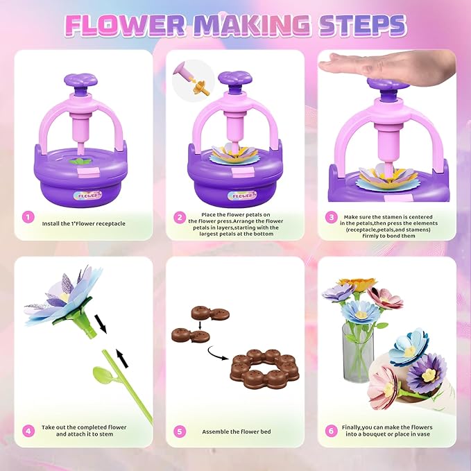 Plunack Flower Bouquets Toys for Kids Age 4-8, Flower Press Kit DIY Flowers Making Craft Kit for 4 5 6 7 Year Old Girls Floral Arts & Crafts Toys Educational Handmade Activity Set, Gift for Girls 3+