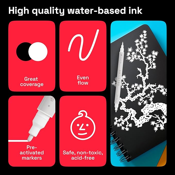 ARTISTRO 2 White Dual-Tip Acrylic Paint Pens - Multisurface Markers for Glass, Rock, Fabric, Wood, Plastic & More - 1 mm Fine & Brush Tips