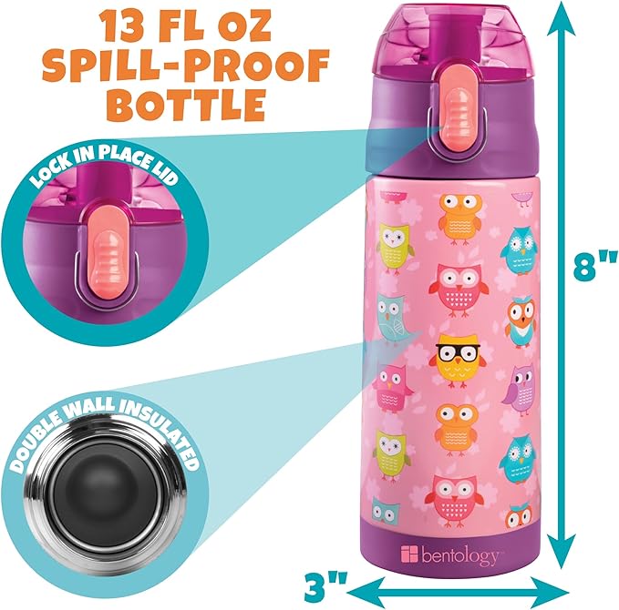 Bentology Kids Lunch Bag Set w Matching Reusable Water Bottle & Hard Ice Pack- Pink Yellow Rainbow Owls- Insulated Tote, Stainless Steel Insulated Thermos, Hard Ice Pack- Back to School Lunchbox Kits