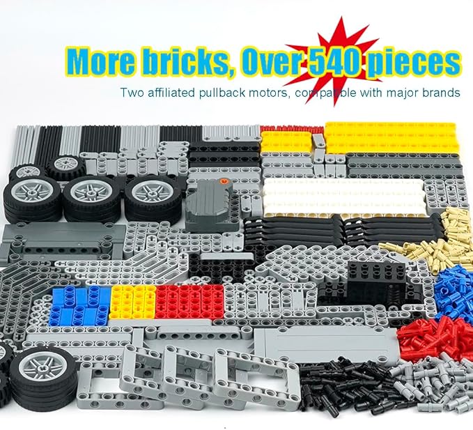 544PCS Technical Parts Pieces Sets, Engine Pullback Motor Kit, Beams Liftarm Frame Extra Replacement, Car Tire Wheel Axles Pin Connector Bricks Bulk