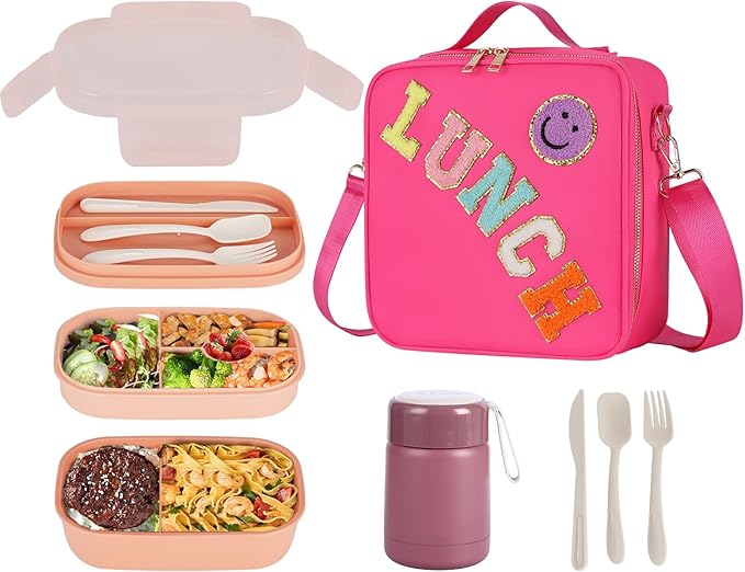 Bento Lunch Box Set for Girl Kids, with 10oz Soup Thermo, Leak-Proof Food Containers, Insulated Nylon Preppy Lunch Bag with Adjustable Strap for Girls School Travel Picnic