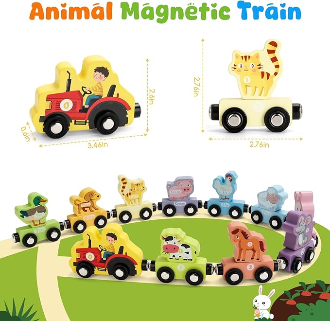 TenFans Montessori Toys, Magnetic Wooden Animal Train Set for Toddlers, 11 Pieces, Educational Preschool Learning Toys, Birthday Gifts for Boys & Girls