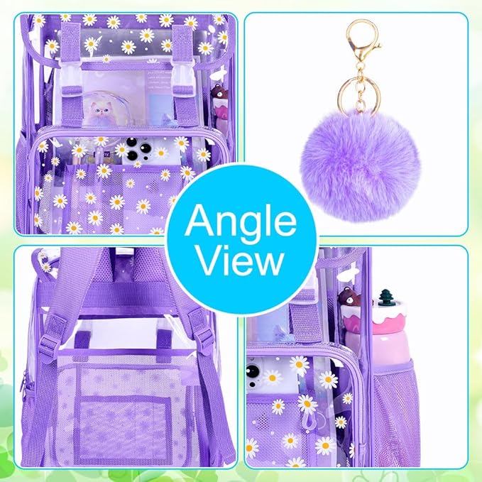 17" Daisy Clear Backpack for Girls - Flip Design Stadium Approved 3Pcs Set, Transparent Bookbag for Concert/School (Purple)