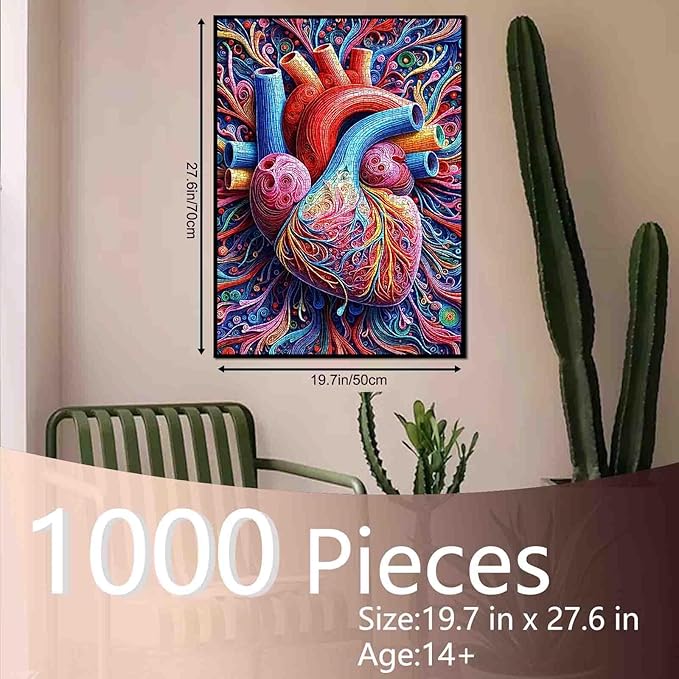 Heart Anatomy 1000 Piece Jigsaw Puzzles for Adult Graffitic Men/Girl Heart Painting Jigsaw Puzzle Human Body 1000 Pieces Puzzles Game Wall Decor Mental Health DIY Craft Puzzle Art Biology Gift(Red)