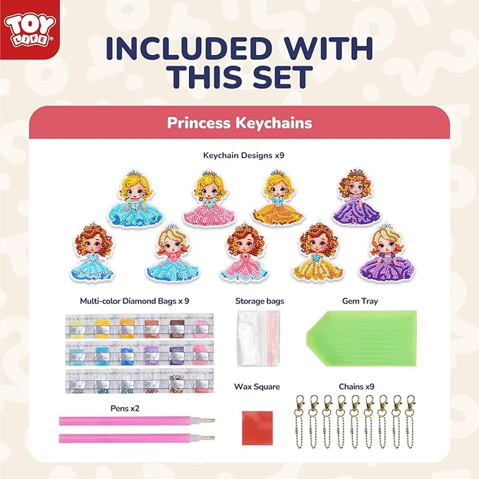TOY Life Diamond Art Kits for Kids, 9PCS DIY Princess Diamond Painting Kits Keychains for Girls, Diamond Dots Gem Art for Kids 6-8 8-12