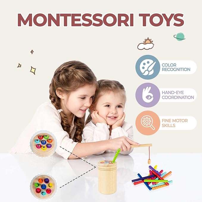 Wooden Montessori Toys for Toddlers 1-3, 2-in-1 Color Sorting & Magnetic Fishing Game, Fine Motor Skills Sensory Activities, Preschool Learning Educational Gifts for Boys and Girls