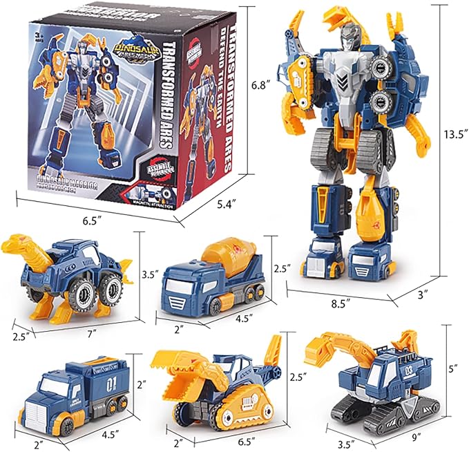 Construction Trucks Toy Dinosaur Vehicles Magnetic Set, 5-in-1 Educational STEM Building Car Kit, Transform to Big Robot, Holiday Birthday Present for Toddler Kid 3 4 5 6 7 Year Old Boys Girls