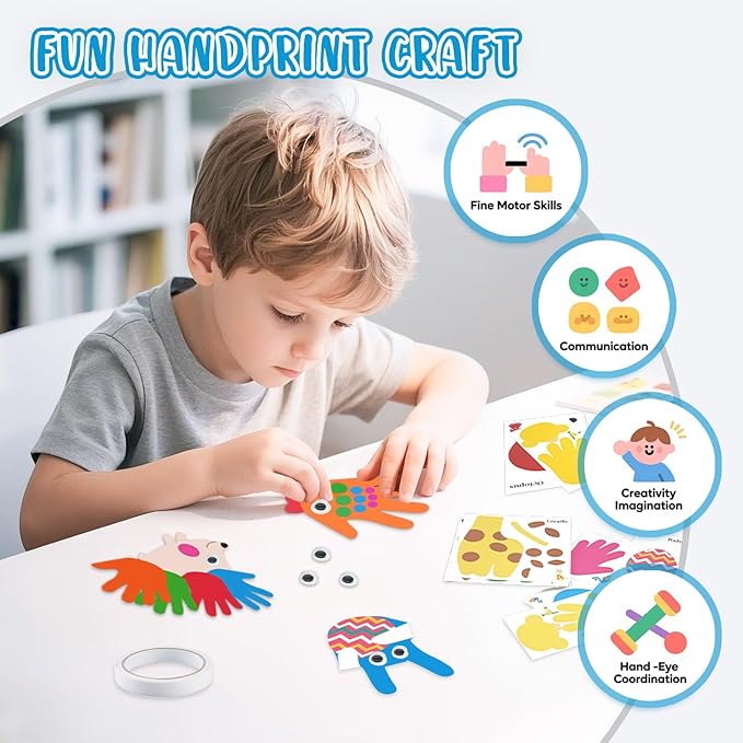Animals Handprint Art Craft Kits- 16 Pack Easy Animal Cutout Craft for Toddler Age 3+,DIY Fun Hand Print Paper Crafting,Creative Toys Preschool Classroom Activity Project for Kids Boys & Girls