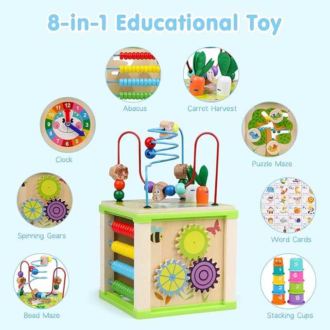 Wooden Activity Cube,Montessori Toys Gift Set for 12+ Months Boys & Girls,Educational Learning Toys for Toddlers Age 1+,First Birthday Gift for Baby