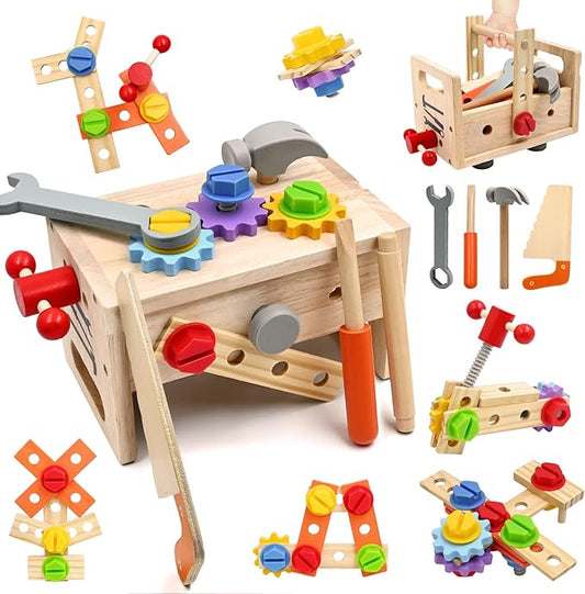 29Pcs Montessori Wooden Kids Toy Tool Box Set, Toddler Early Educational Pretend Play Construction Activity STEM Learning Toys for 2 3 4 5 Year Old Boy Girl, 1st Birthday Gifts