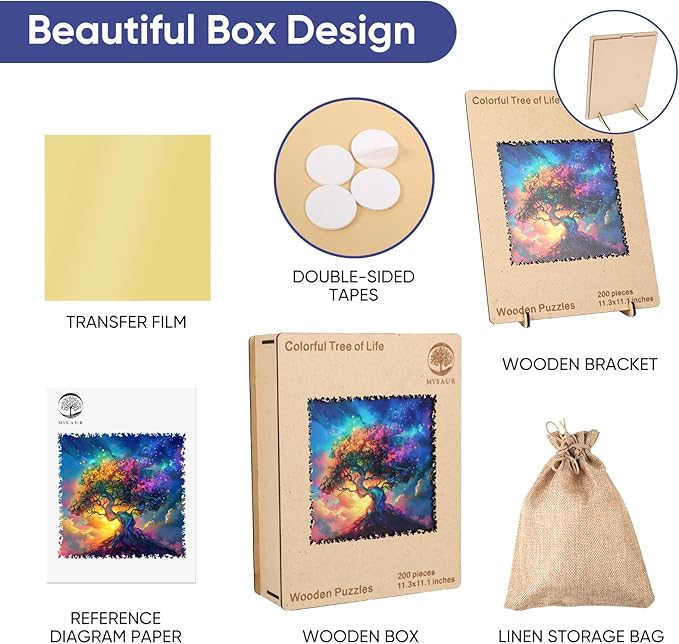 Wooden Puzzles for Adults, Colorful Tree of Life Jigsaw Puzzles 200 Piece, 11.3x11.1in, Unique Shaped Wood Plant Puzzles, Fun Challenging Creative Gifts for Adults and Kids Family Game