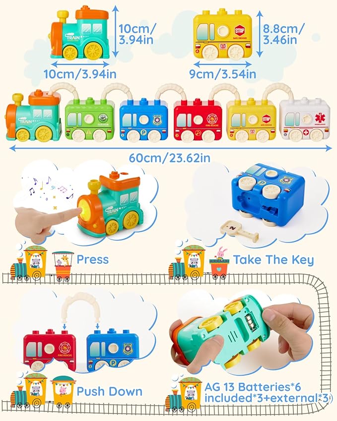 Montessori Toys Train Set for Toddlers 2-4 Year Old,Matching & Sorting Learning Train Set with Music & Light Including 6 Finger Puppets,Keys,Christmas Birthday Gifts for Baby Girls Boys 2+
