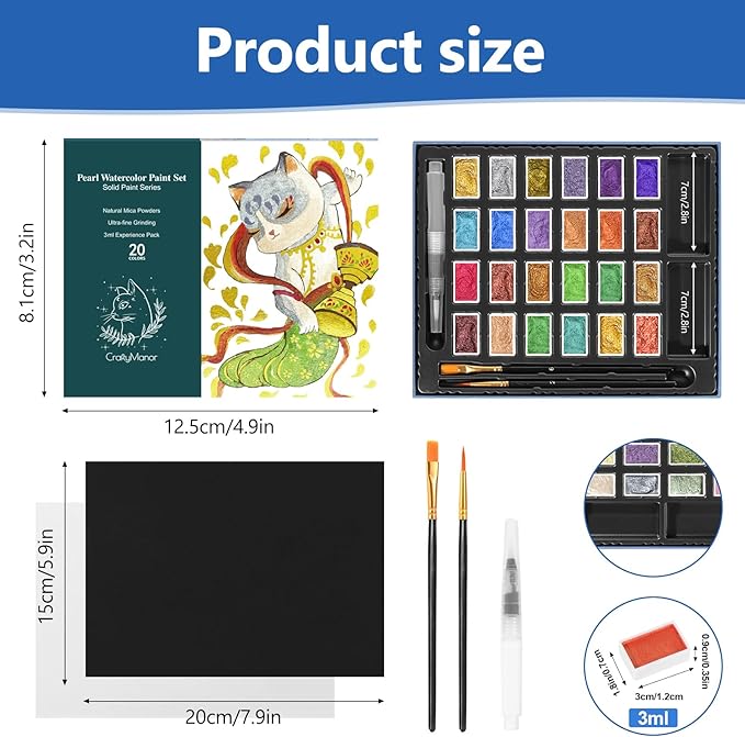 3ml Glitter Watercolor Paint Set with Paper, 24 Colors Shimmer Metallic Watercolour Painting Sets, Solid Pearl Water Color Paints for Adult, Kids, DunHuang Style (DunHuang 24Colors-L)