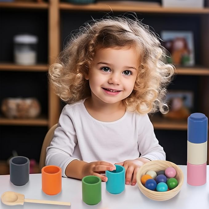 Rainbow Balls in Cups Toddler Montessori Toys for 3 Year Old Up, Kids Preschool Wooden Matching Games for Learning Color Sorting and Counting