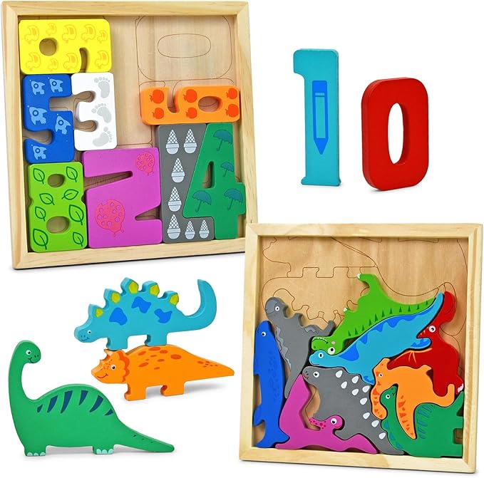 Vileafy 2-in-1 Montessori Toys for Toddlers – Wooden Dinosaur Puzzle and Number Building Blocks for Boys and Girls, Early Educational Pegged Puzzles for Prescgool Toys