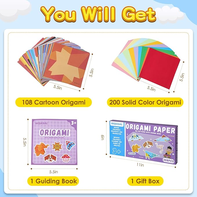 308 Sheets Origami Paper Kit for Kids Ages 5-8 8-12 with Guiding Book DIY Art and Crafts Supplies Kits for Girls and Boys Square Easy Fold Paper Travel Activities Birthday Christmas Gifts