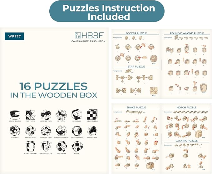 BSIRI 16 in 1 Wooden Brain Teaser Puzzles for Adults and Teens or Kids Interlocking 3D Mini Wood Mind Games Hand Puzzle Teasers Set Toys Coffee Table Games Gift