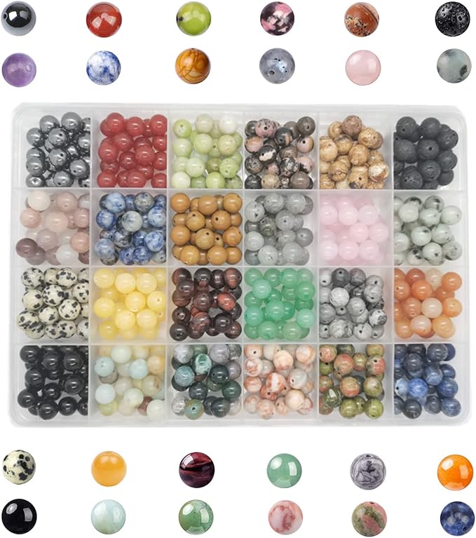 480pcs Natural Round Stone Beads Genuine Real Stones Beading Loose Gemstone DIY for Bracelet Necklace Earrings Jewelry Making (8mm, 24 Color)