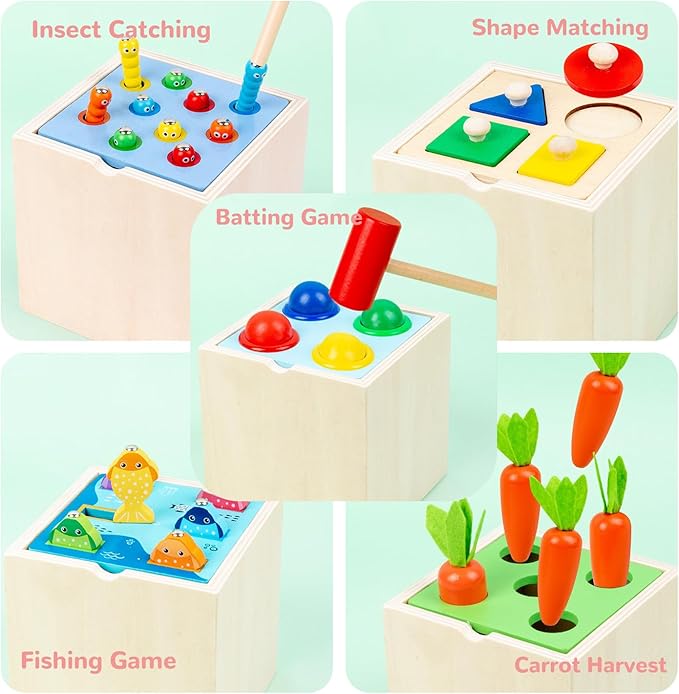 Wooden Montessori Toys for Toddlers 1-3, Color & Shape Sorting Matching Games, Fine Motor Skills Sensory Preschool Learning Educational Toys Baby Boys Girls Gifts (5 in 1)