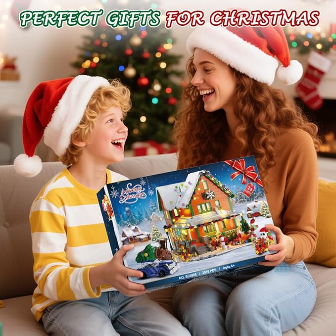 Advent Calendar 2025 Christmas House Mini Building Set with Light, 24 Days Countdown Snow Village Building Block Kit with Santa Claus Sleigh, Holiday Building Toy Gift for Adults Boys Girls 14+