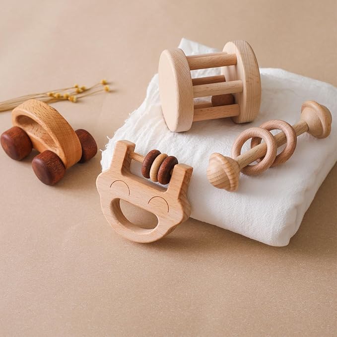 Wooden Baby Rattle Set, Newborn Wooden Rattle Toy, Natural Wooden Montessori Baby Grip Toy, Baby Gift Toy, Wood Rattle Set-7