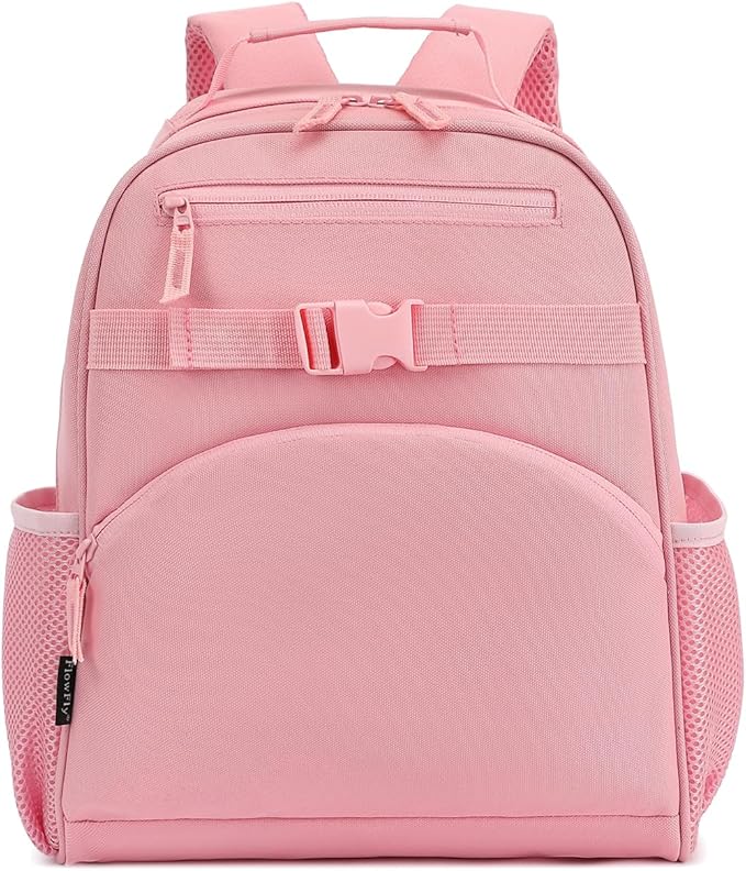 FlowFly Kids Backpack for Toddler Boys Girls, Simple Lightweight Bookbag for Daycare Kindergarten Elementary School Travel, Small Modern Bag (Medium 15''), Pink