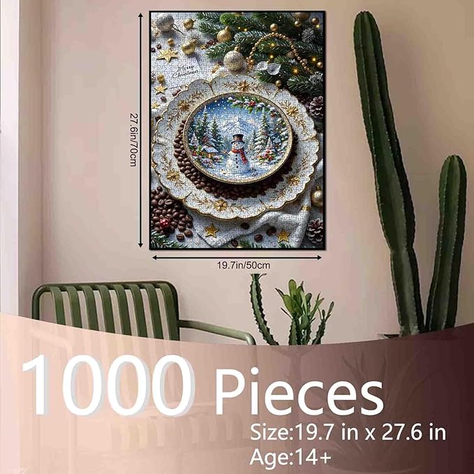 Merry Christmas 1000 Piece Jigsaw Puzzles for Adults Christmas Coffee Painting Jigsaw Puzzle Cute Snowman Puzzles 20''x27”inch Snowy Village with Xmas Tree 1000 Pieces Wall Decor Family Challenging