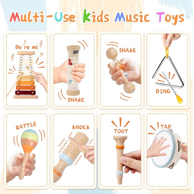 Toddler Musical Instruments Sets, Montessori Wooden Percussion Educational Baby Musical Toys Xylophone Maracas Tambourine for Kids, 2 3 4 Year Old Girls Boys Birthday Gifts