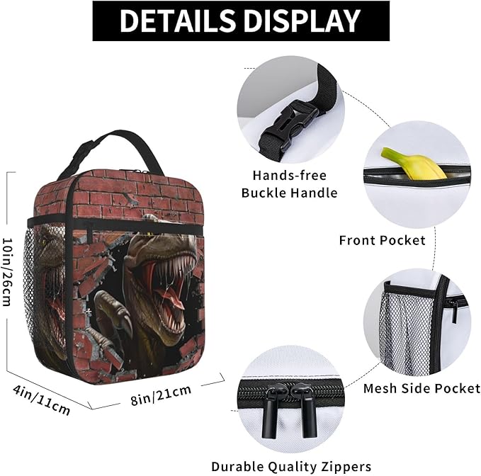 Dinosaurs Breaking Walls Reusable Lunch Box Food Bag Insulated Lunch Bag for Teenage Boys Girls School Beach