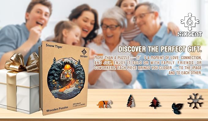 Wooden Jigsaw Puzzle, 200-500 Pieces Unique Shape Animal Puzzle, for Adults & Kids, Birthday Gift Family Game, Decorative Puzzle, Unique Gift (Snow Tiger, 200 PCS)