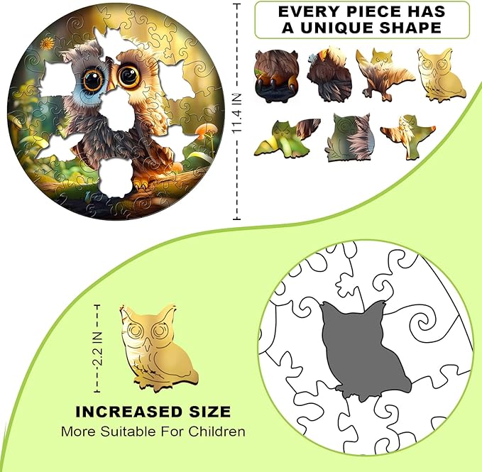 Christmas Birthday Gifts for Kids Girls Boys, Wooden Jigsaw Puzzles for Kids Ages 4-6, 50 Piece Unique Shape Animal Theme Puzzle - Preschool Learning Educational Toys for Kid 3+ (owl)
