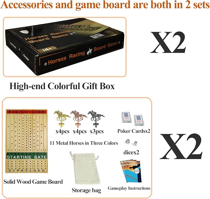 HOROW 2 Pack Metal Horse Racing Board Game Card Board Game Finish Line Luxury Edition Solid Wood Race Game Board 11 Batches of Metal Model Horses 2 Sets of Dice and 2 Boxes of Cards (Log)…