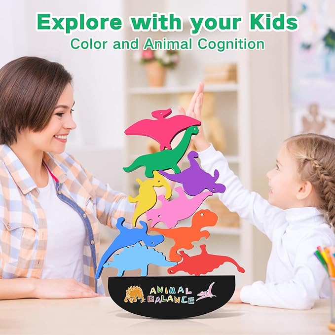 FFTROC Montessori Dinosaur Toys for 2 3 4 Year Old Boys - Wooden Stacking Dinosaur Toys for Kids 2-4 3-5, Toddler Balancing Block Sets