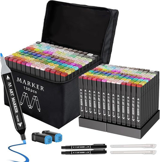Banral 130 Colors Alcohol Markers Set, Dual Tip Alcohol Based Art Marker for Artists Kids Adult Coloring, Permanent Illustration Sketch Pens for Drawing