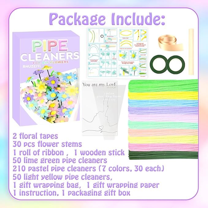 Pipe Cleaners Craft Kit 9 Assorted Colors Pipe Cleaners Bulk Flower Making Kit Chenille Stems DIY Arts and Crafts Supplies for Kids Adults Creative Bouquet Festival Home Decor Toys Gifts, Daisy