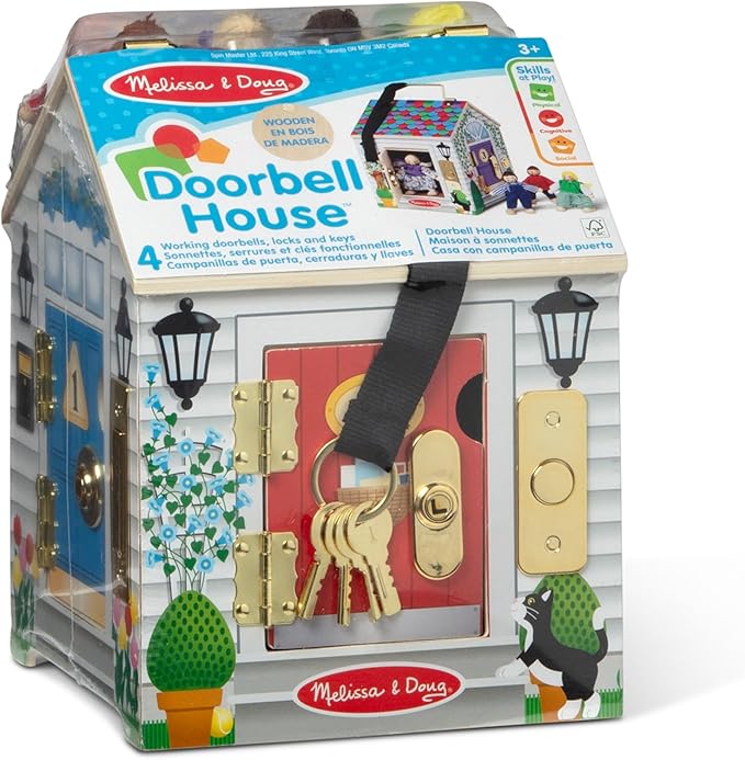 Melissa & Doug Take-Along Wooden Doorbell Dollhouse - Doorbell Sounds, Keys, 4 Poseable Wooden Dolls Portable Doll House, Doorbell House for Kids Ages 3+